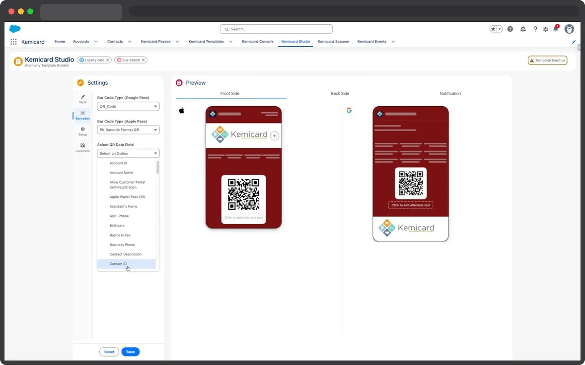 Kemicard Studio — Choose Contact ID Field