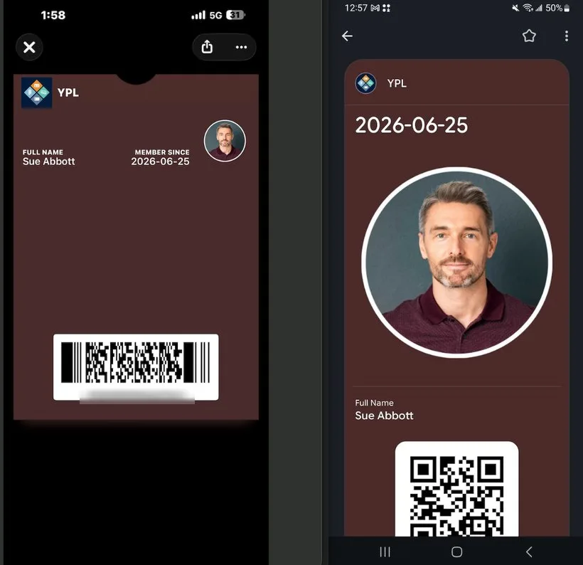 A membership pass showing the member's photo in Apple Wallet and Google Wallet