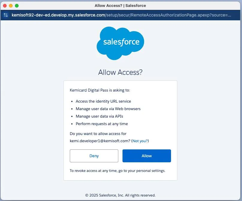 Salesforce OAuth consent screen authorizing the Kemicard Digital Pass connected app