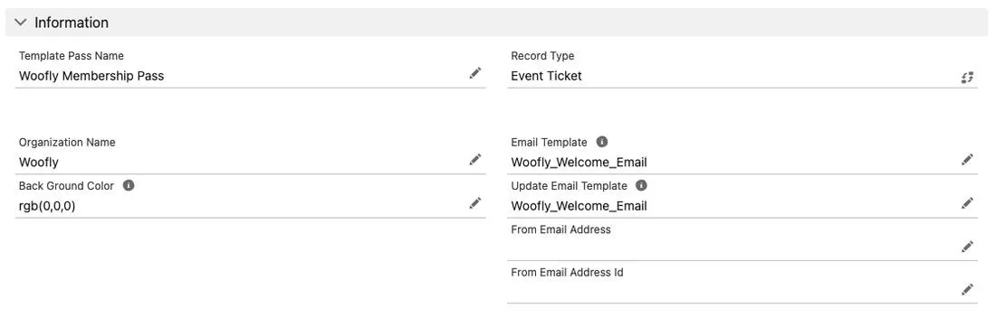 A Kemicard Template Pass record showing name, record type, organization, background color, and email template bindings