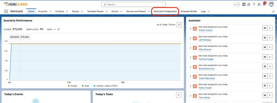 The Kemicard Lightning app in Salesforce with the Kemicard Configuration tab highlighted