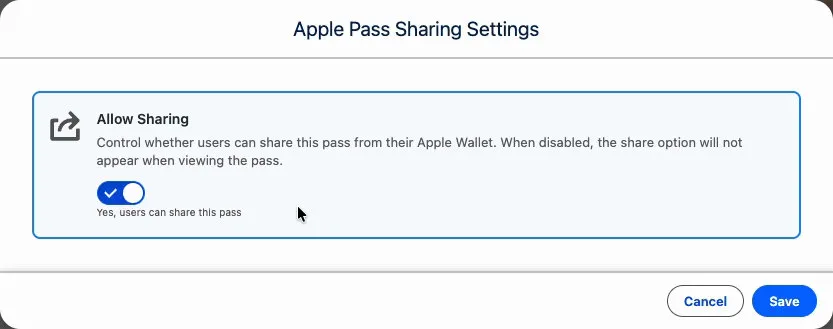 The Apple Pass Sharing Settings dialog with the Allow Sharing switch