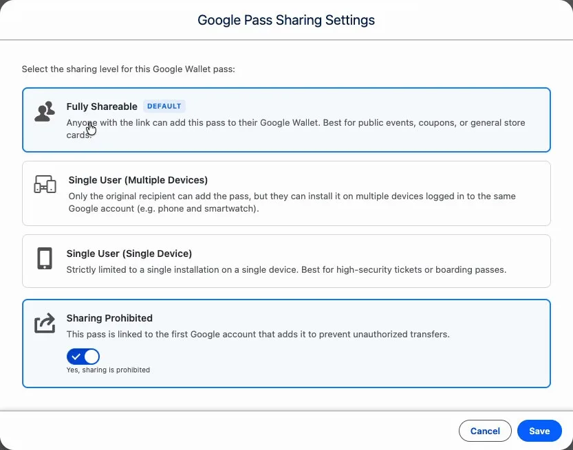 The Google Pass Sharing Settings dialog with Sharing Prohibited turned on