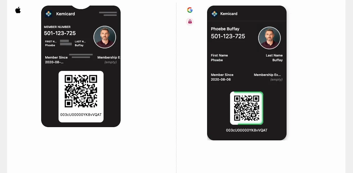 Apple and Google pass previews in Kemicard Studio, both showing a member photo alongside the member number and QR code