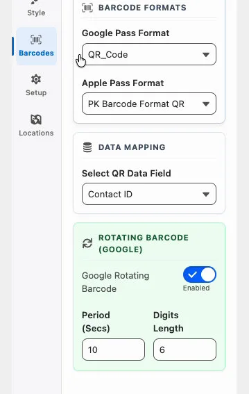 The Rotating Barcode (Google) card in Kemicard Studio with the toggle enabled and Period and Digits Length fields