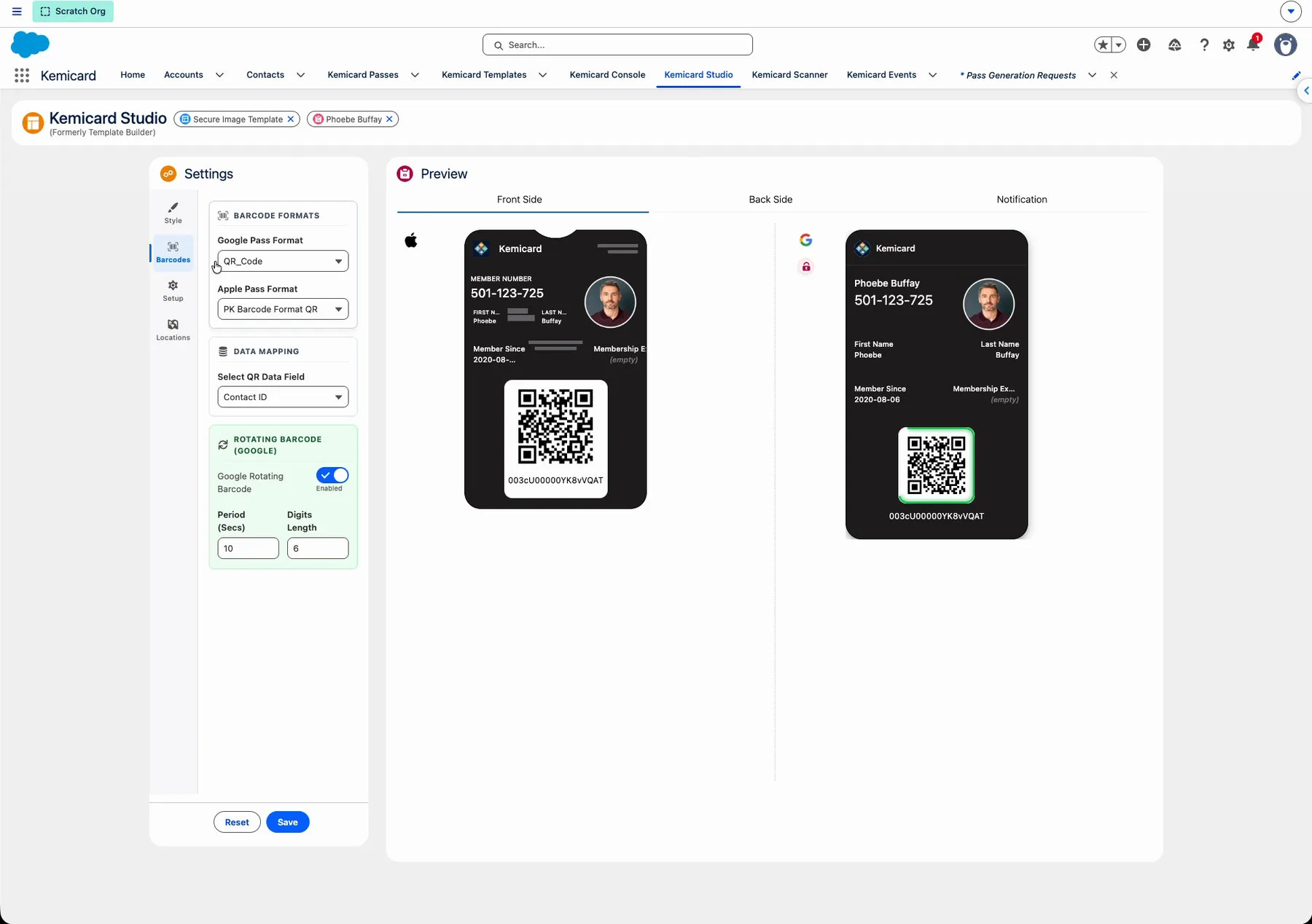 Kemicard Studio showing the rotating barcode settings on the left and the live Apple and Google pass previews on the right