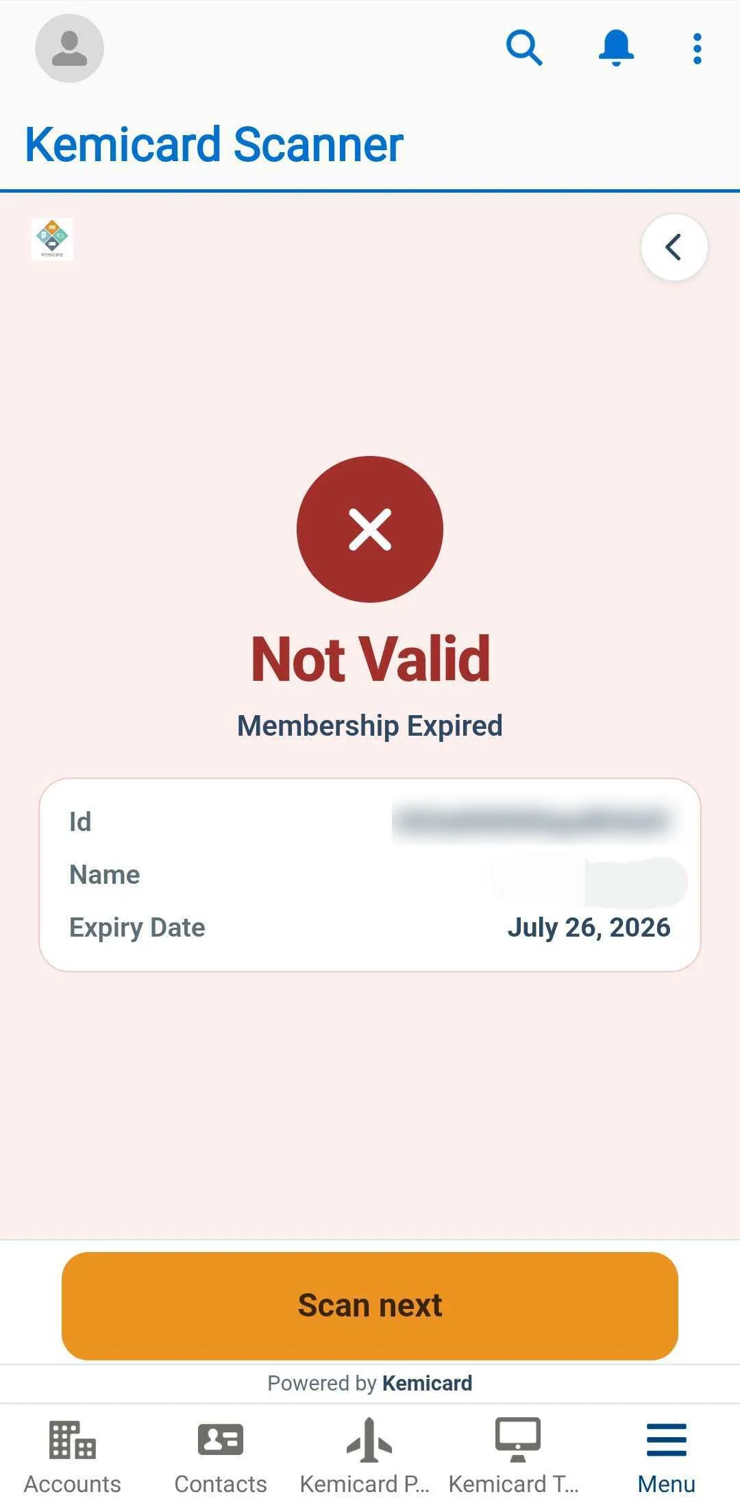 A red Not Valid result on a phone reading Membership Expired with the expiry date