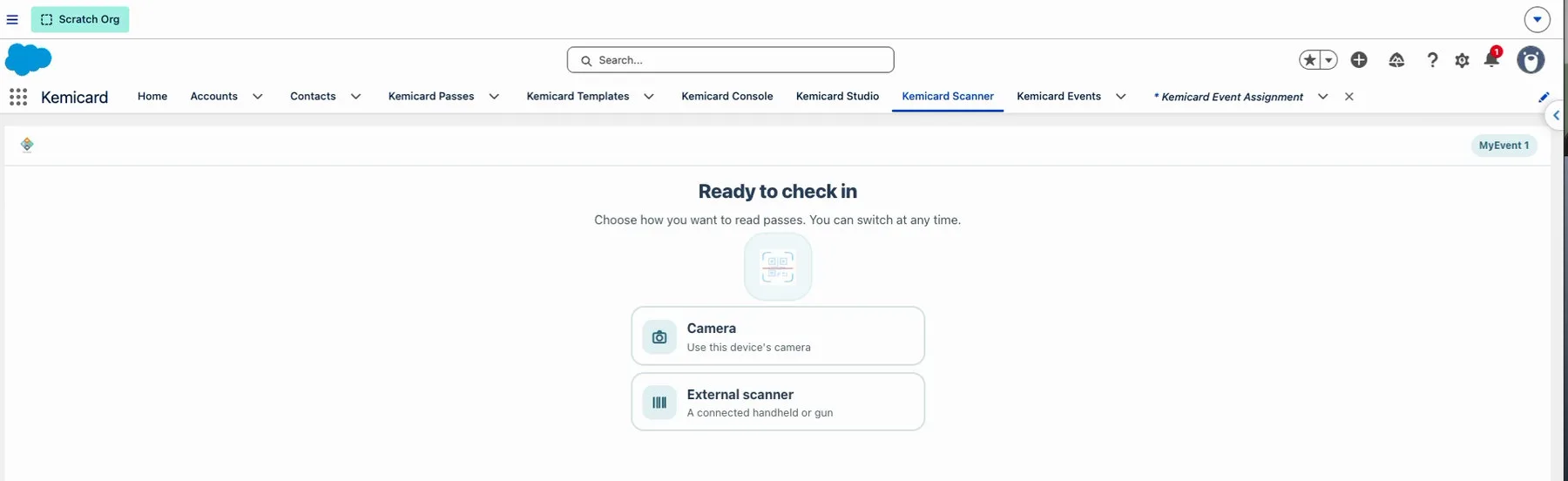 The Ready to check in screen offering Camera or External scanner