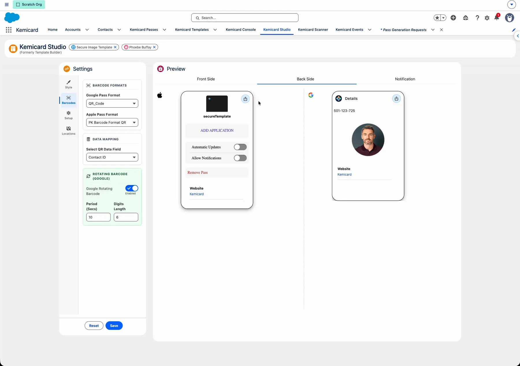 The Back Side preview in Kemicard Studio with a share icon in the top-right corner of each pass card