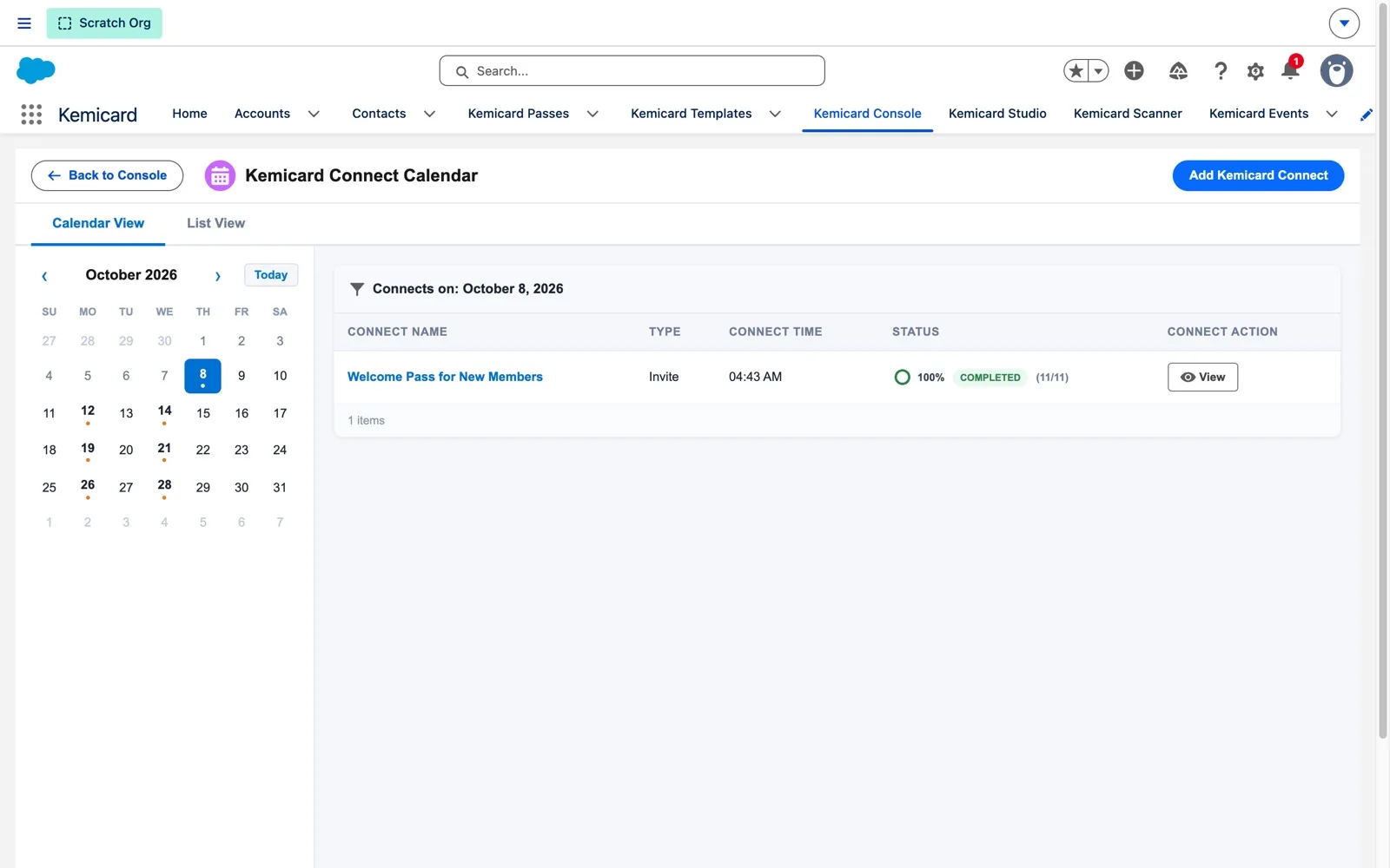 Kemicard Connect Calendar for October 2026 in Calendar View, with scheduled days marked and today's completed Welcome Pass for New Members Invite listed at 100 percent, 11 of 11