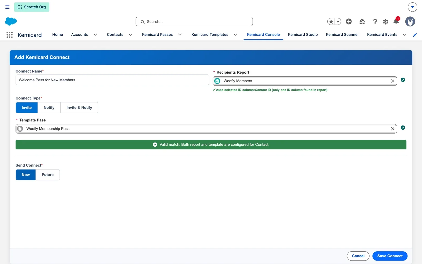 Add Kemicard Connect form: Connect Name Welcome Pass for New Members, Recipients Report Woofly Members with the Contact ID column auto-selected, Connect Type Invite, Template Pass Woofly Membership Pass, a green Valid match bar, and Send Connect set to Now