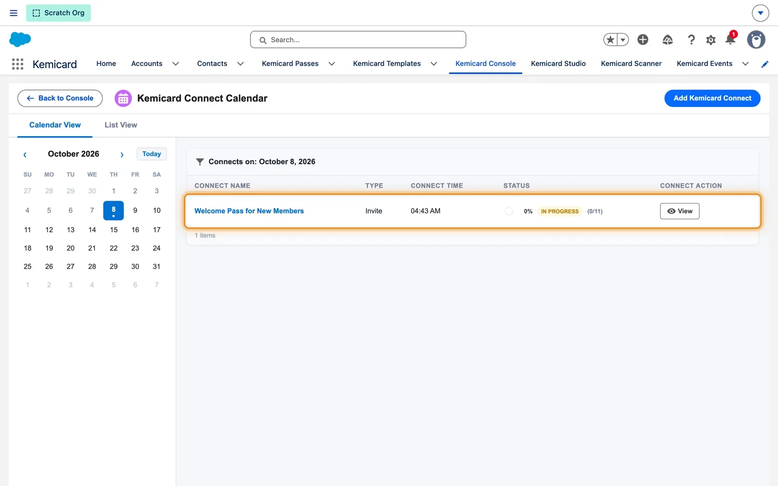 The Connect calendar with today selected, showing Welcome Pass for New Members as an Invite with status In Progress, 0 of 11