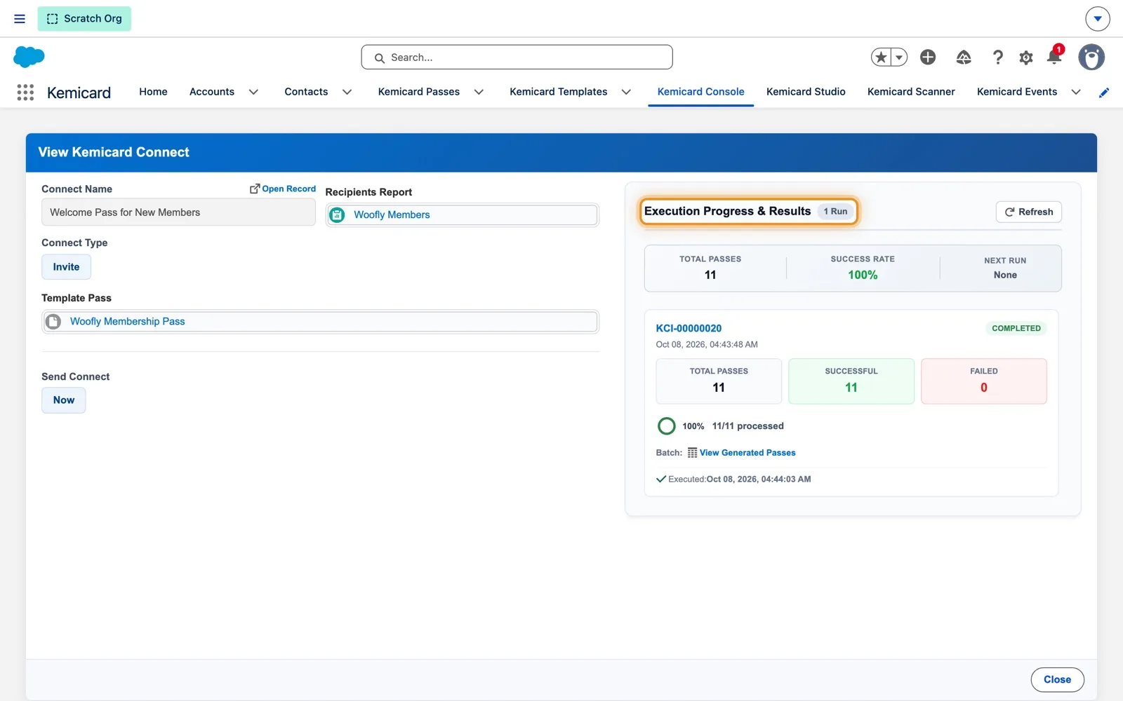 View Kemicard Connect with Execution Progress and Results: 11 total passes, 100 percent success rate, and run KCI-00000020 completed with 11 successful and 0 failed