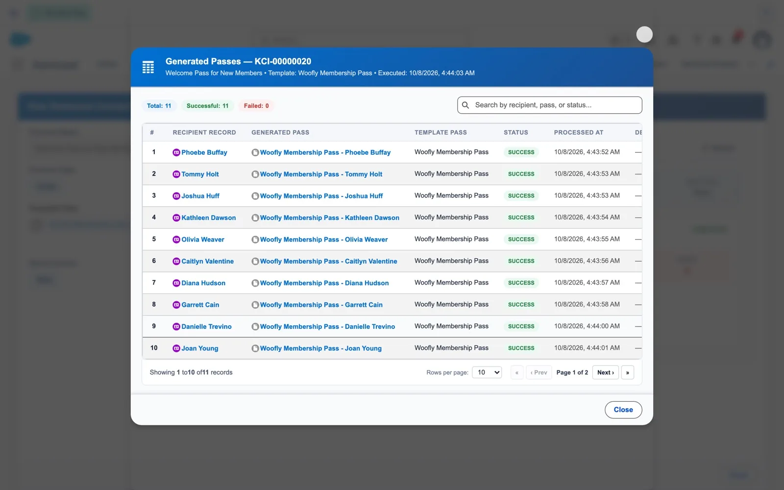 Generated Passes dialog listing each member, the Woofly Membership Pass created for them, the template, a Success status and the time it was processed