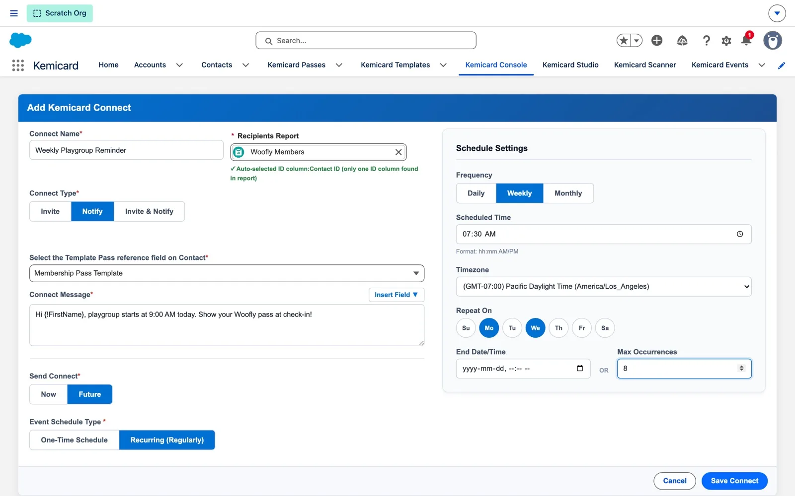 Add Kemicard Connect form for Weekly Playgroup Reminder: Notify type, Membership Pass Template reference field, a message with the FirstName merge field, Future and Recurring selected, and Schedule Settings of Weekly at 7:30 AM Pacific on Monday and Wednesday for 8 occurrences