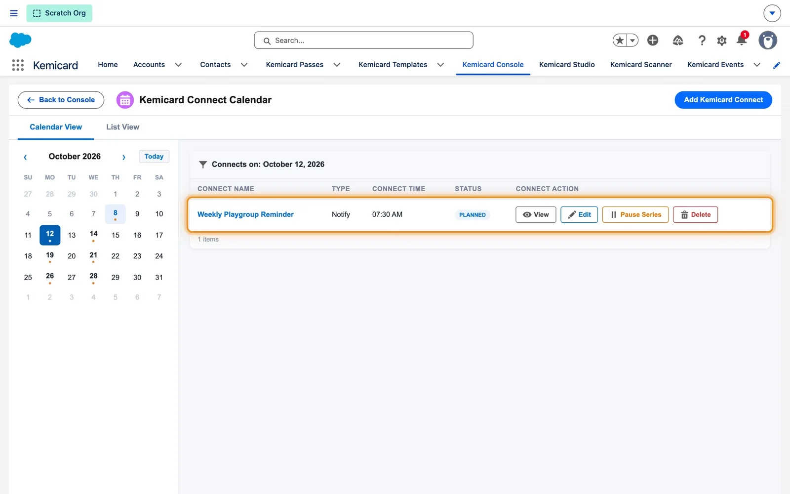 Connect calendar with Monday October 12 selected, showing Weekly Playgroup Reminder as a Notify at 7:30 AM with status Planned and View, Edit, Pause Series and Delete actions; October 12, 14, 19, 21, 26 and 28 are marked