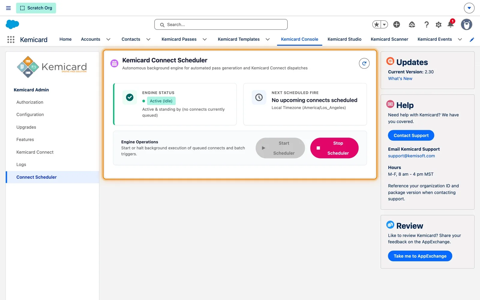 Kemicard Console Connect Scheduler card: Engine Status Active (Idle), Next Scheduled Fire with no upcoming connects scheduled in the America/Los_Angeles timezone, and Start Scheduler and Stop Scheduler buttons
