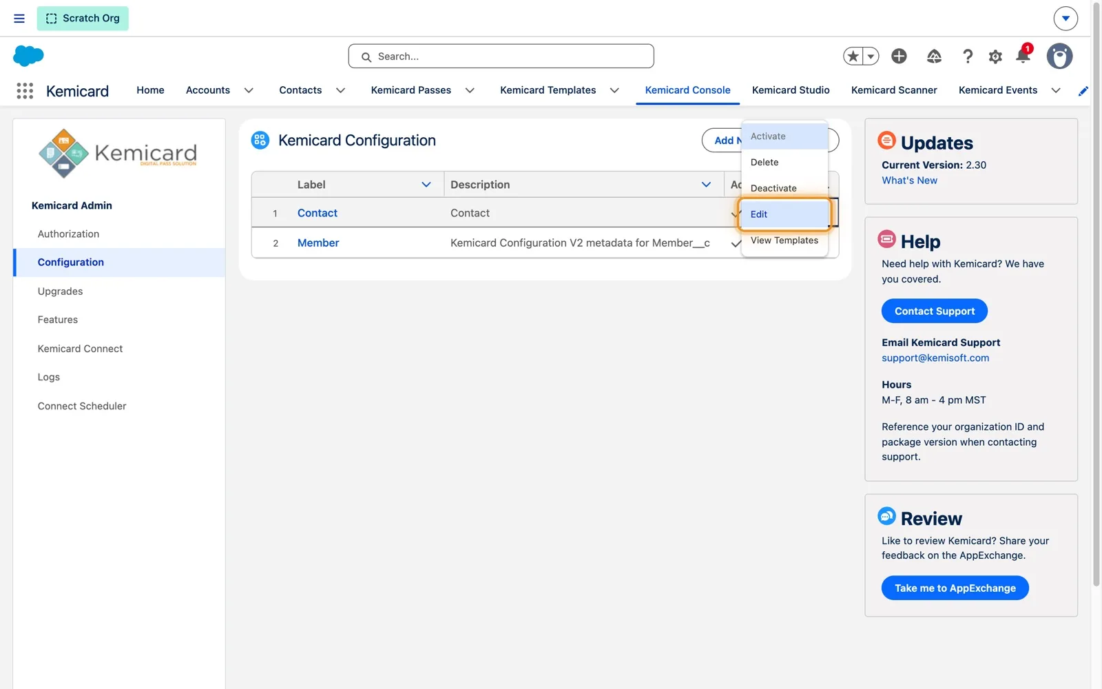 Kemicard Console Configuration page listing the Contact and Member configurations, with the Contact row's actions menu open and Edit highlighted