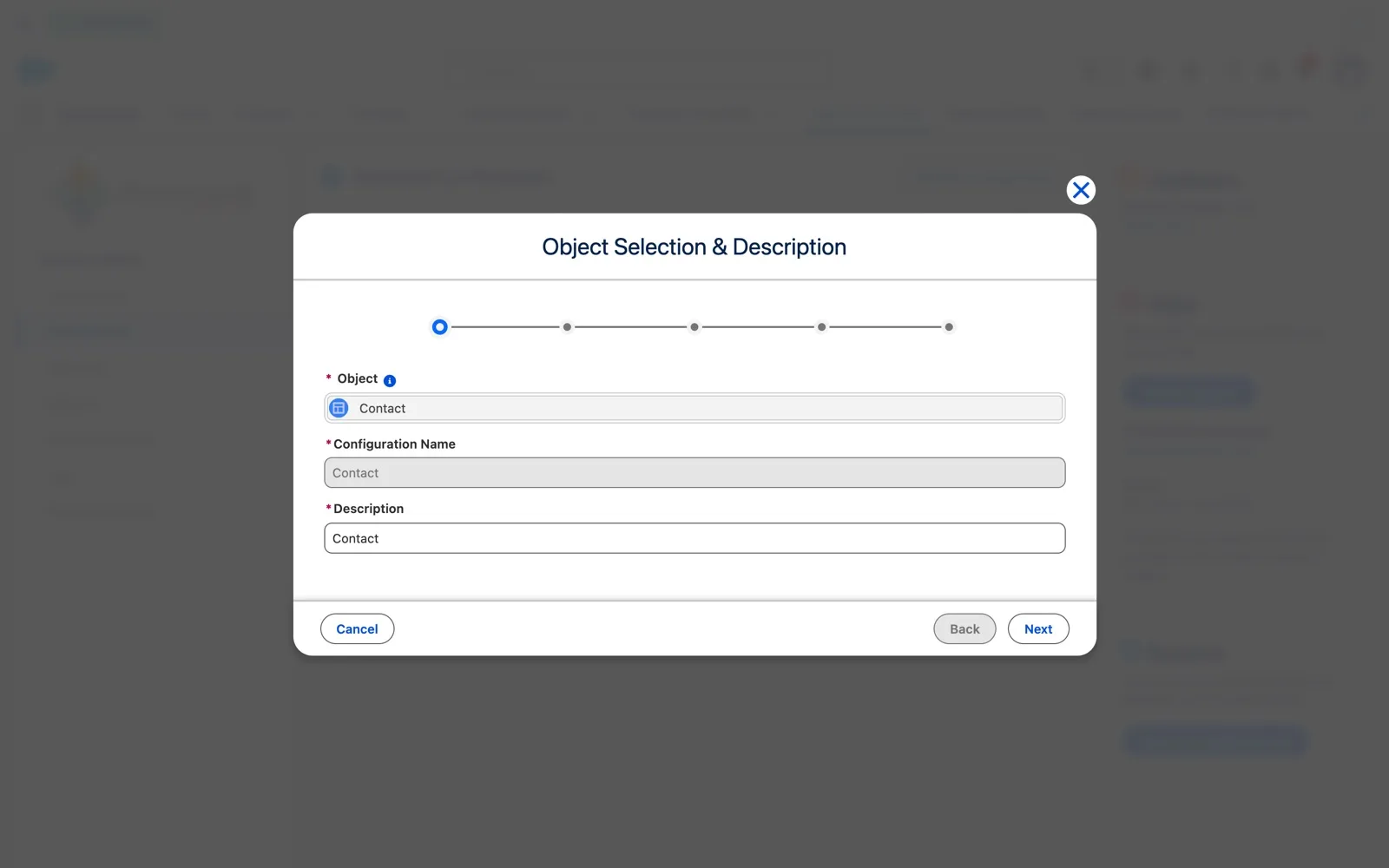Configuration wizard, first step Object Selection and Description, for the Contact object