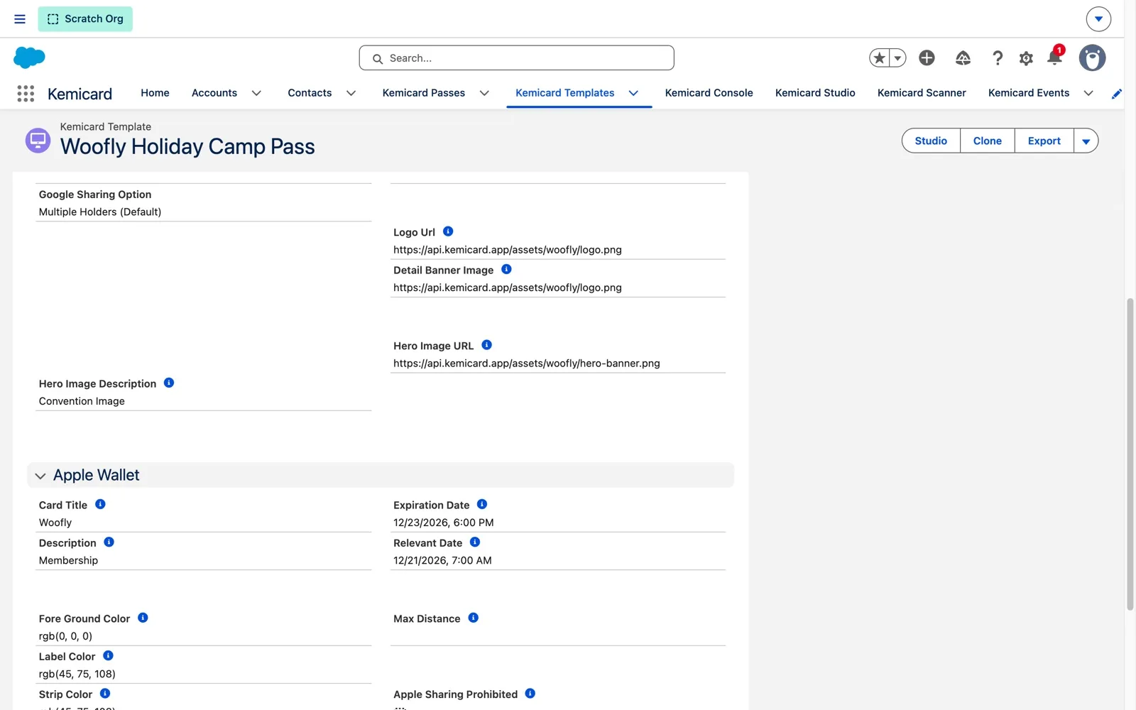 Woofly Holiday Camp Pass template record, Apple Wallet section, with Expiration Date 12/23/2026 6:00 PM and Relevant Date 12/21/2026 7:00 AM in the user's timezone