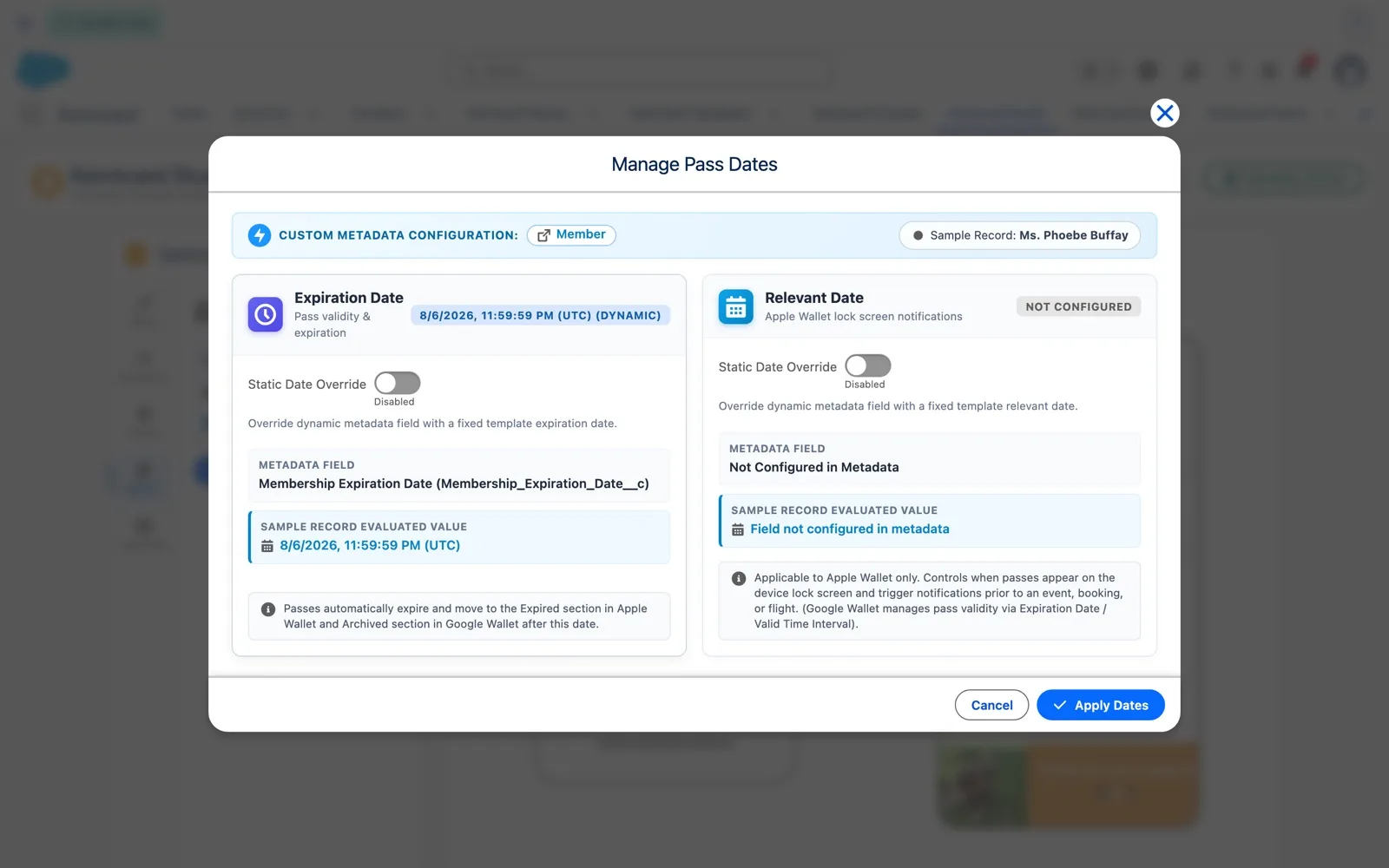 Manage Pass Dates dialog with Static Date Override toggles for Expiration Date and Relevant Date
