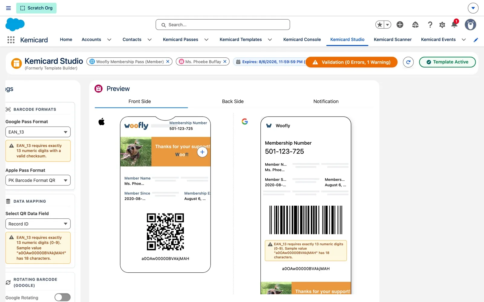 Studio Barcodes settings with EAN_13 selected, a hint that EAN_13 requires 13 numeric digits, and the validation button showing one warning