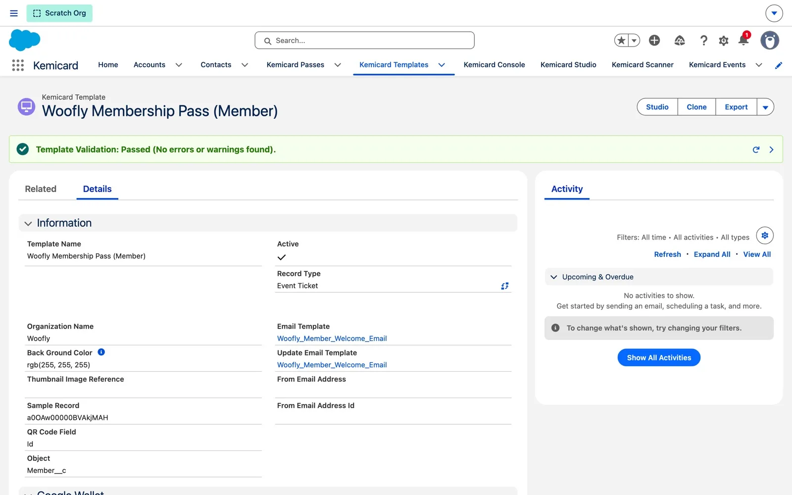 Template record page with a green banner reading Template Validation: Passed (No errors or warnings found)