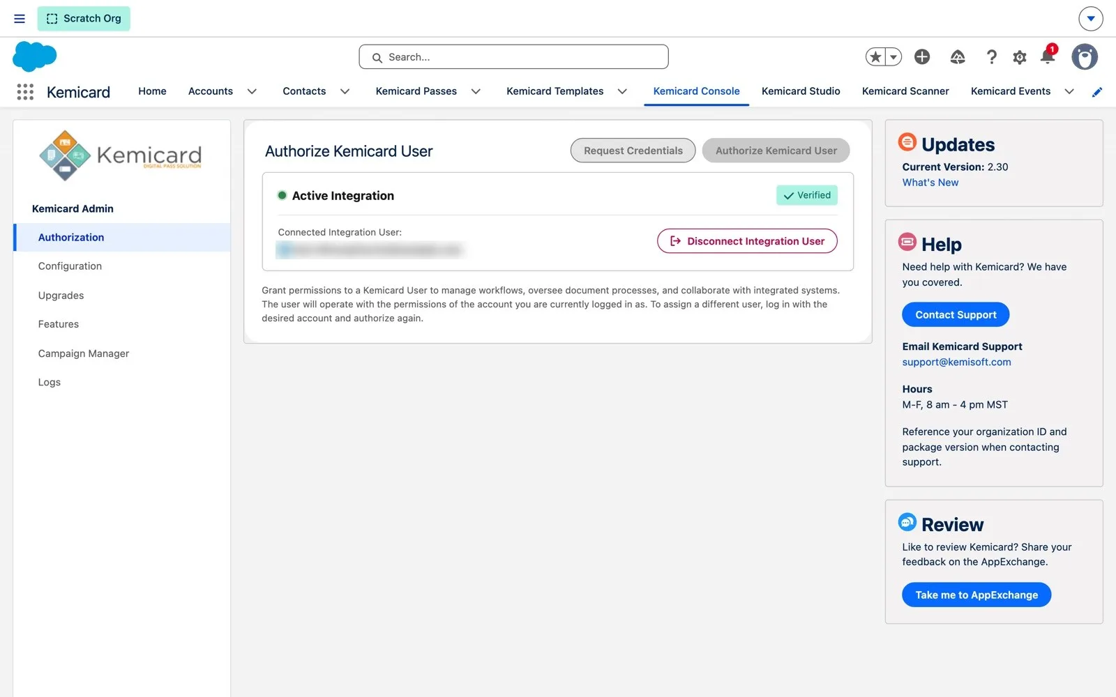 Kemicard Console Authorization page with Request Credentials and Authorize Kemicard User buttons and a verified Active Integration