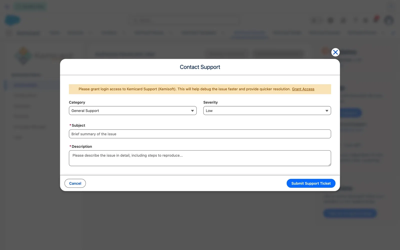 Contact Support dialog with Category, Severity, Subject and Description fields