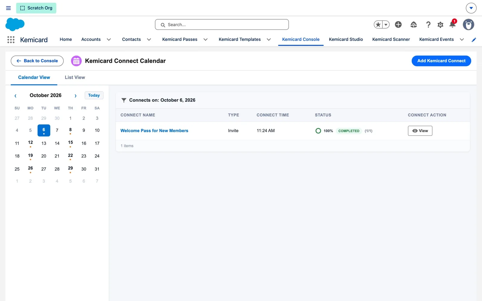 Kemicard Connect Calendar for October 2026 with scheduled days marked and a completed Invite Connect listed for the selected day