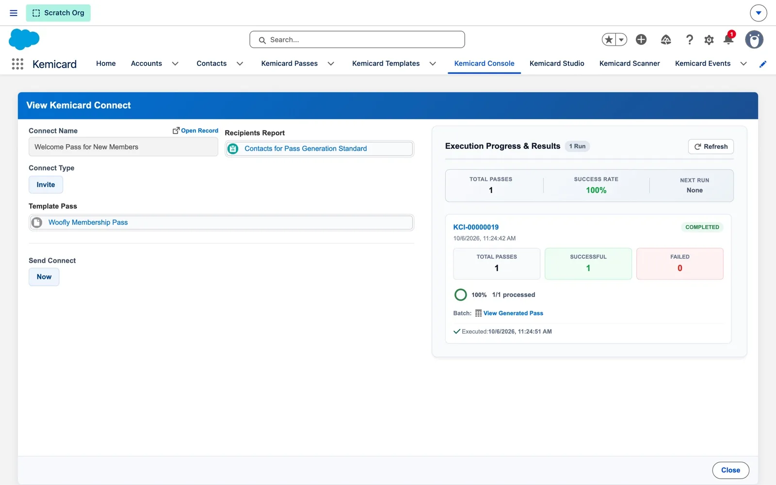 View Kemicard Connect showing Execution Progress and Results: 1 pass, 100% success rate, and a completed run with 1 successful and 0 failed