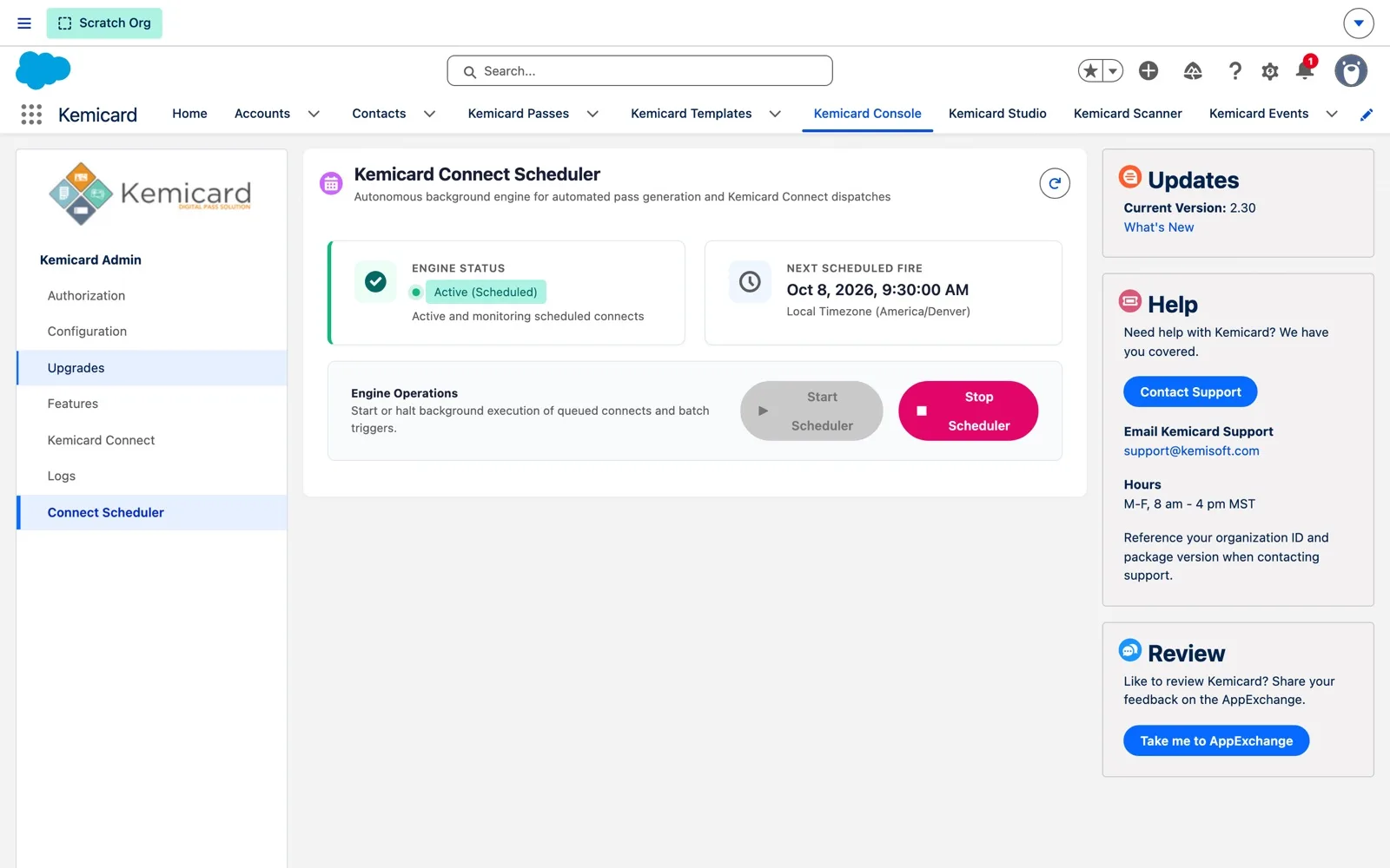 Console Connect Scheduler page showing Engine Status Active (Scheduled), the next scheduled fire time, and Start and Stop Scheduler buttons