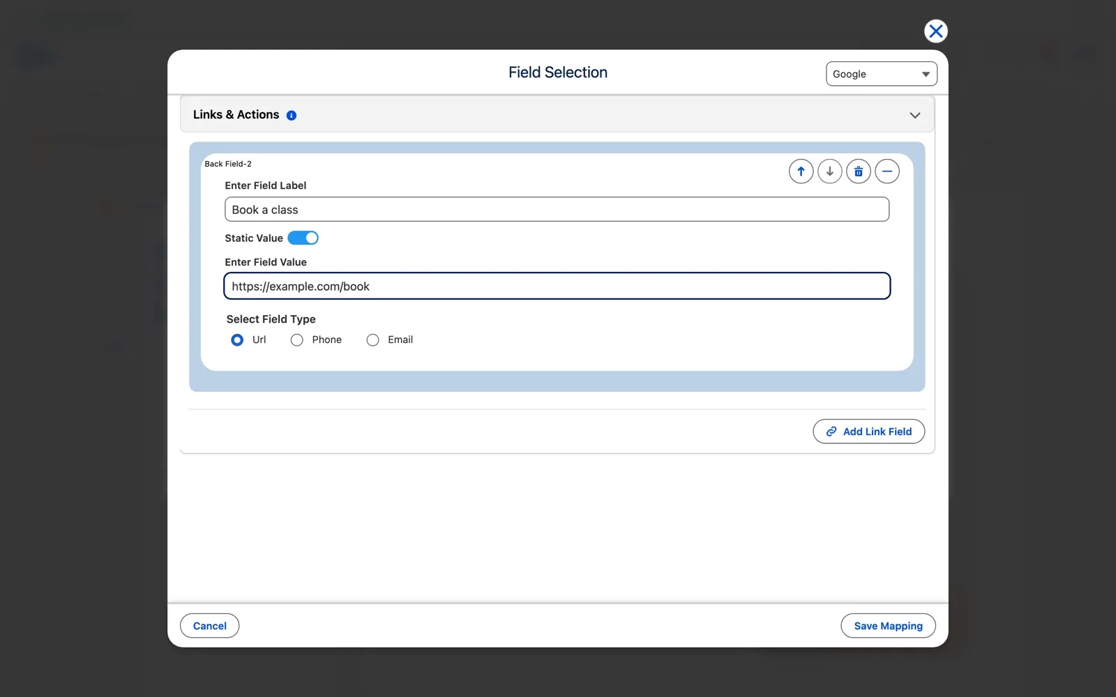 Field Selection for Google, back of pass, Links and Actions section with a static Url link labelled Book a class