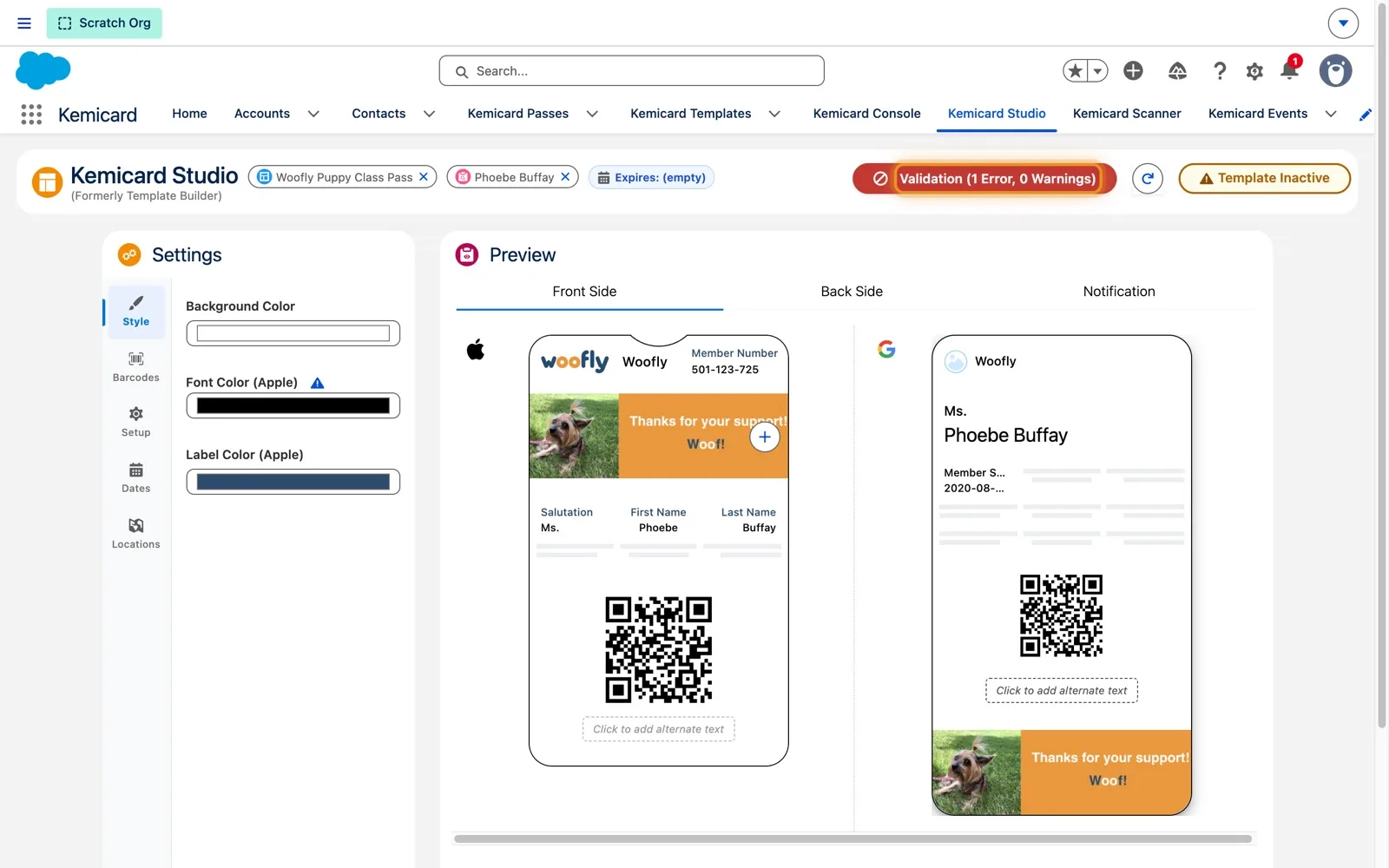Kemicard Studio header for Woofly Puppy Class Pass with a red Validation (1 Error, 0 Warnings) button and a Template Inactive badge