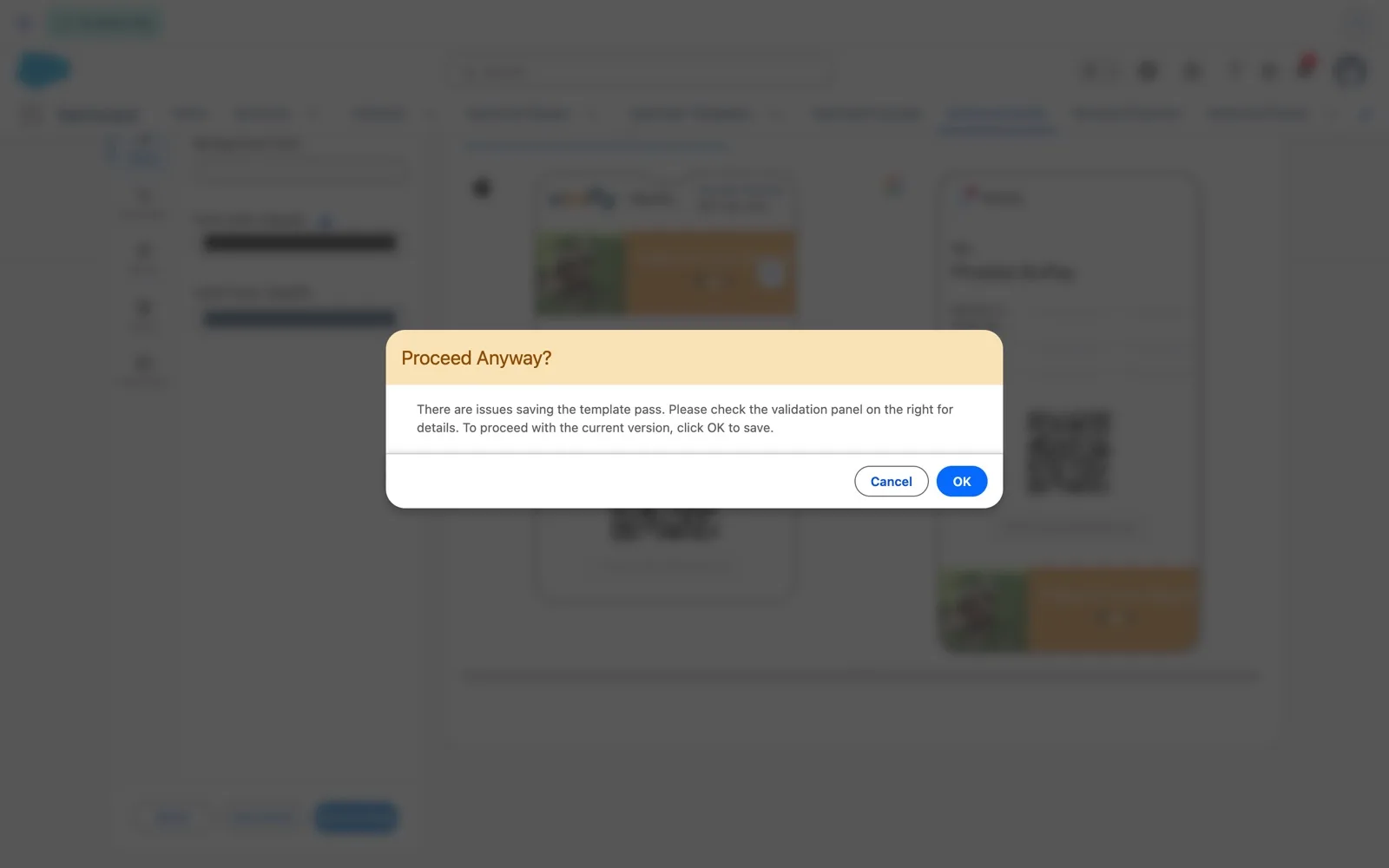 Proceed Anyway? dialog explaining there are issues saving the template pass, with Cancel and OK buttons