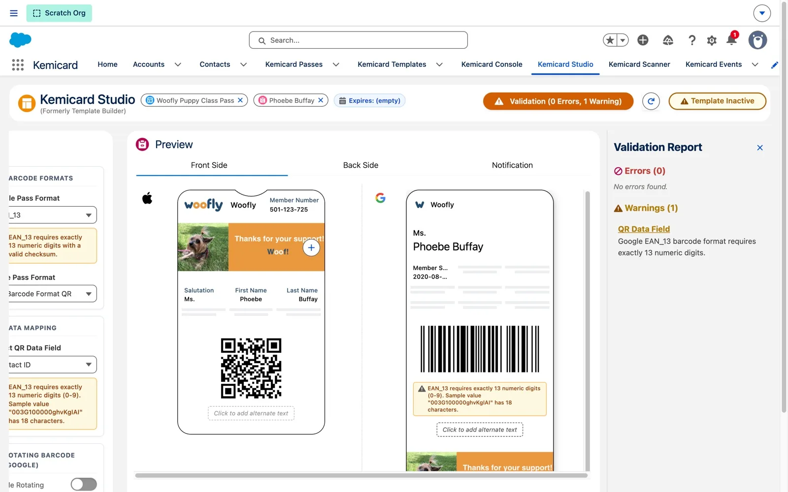 Studio with Google Pass Format EAN_13, hints that EAN_13 needs 13 numeric digits while the sample value has 18 characters, and the Validation Report listing one warning for QR Data Field