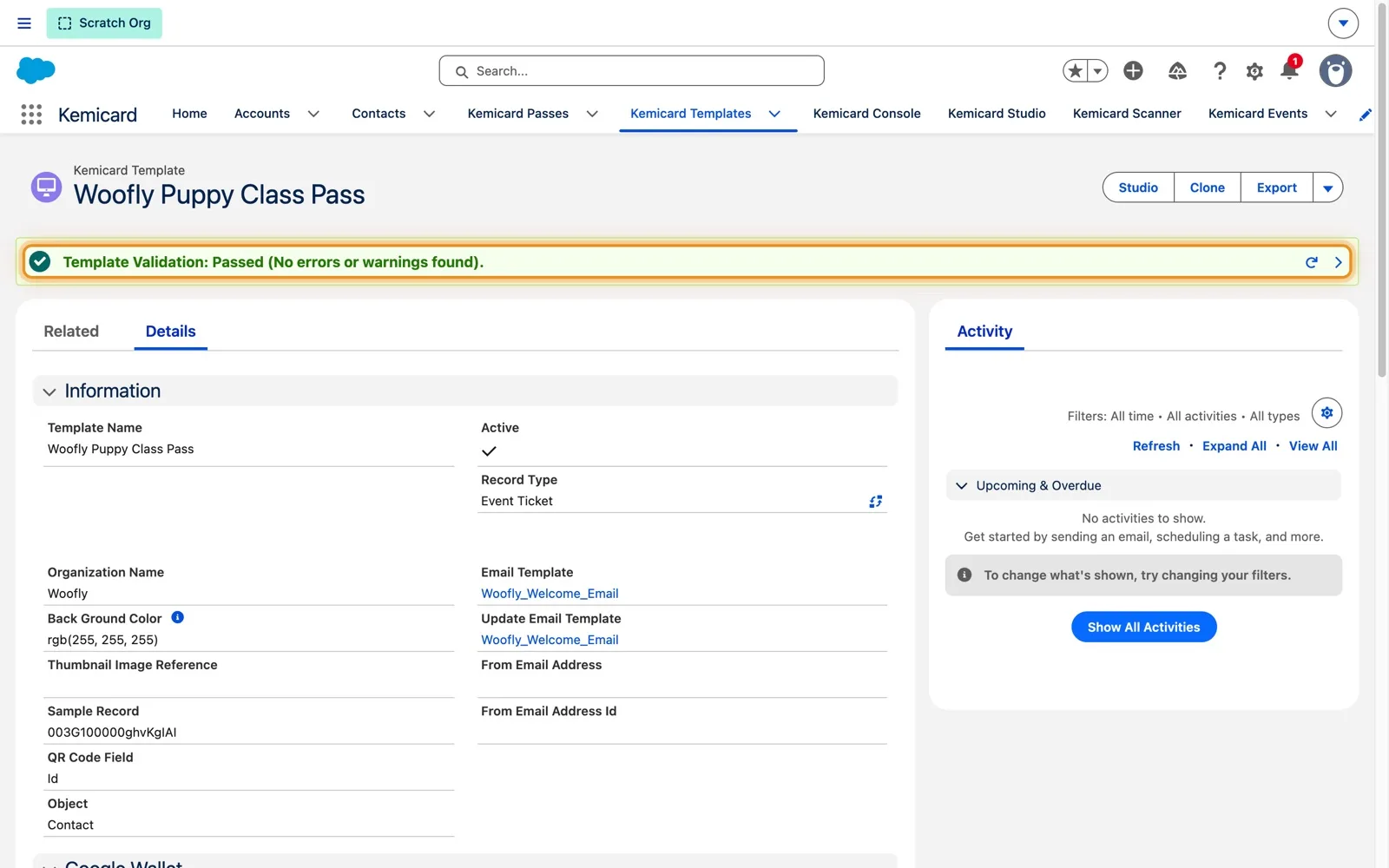 Woofly Puppy Class Pass template record with a green banner reading Template Validation: Passed (No errors or warnings found) and Active checked