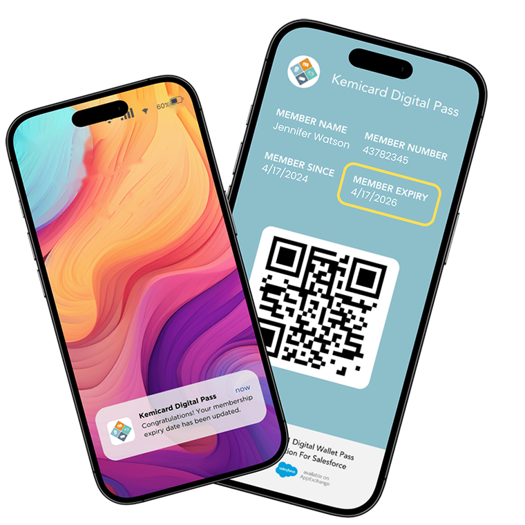 Kemicard Digital Pass in Apple Wallet showing member name, number and QR code, next to an iPhone lock screen with a Kemicard membership update notification
