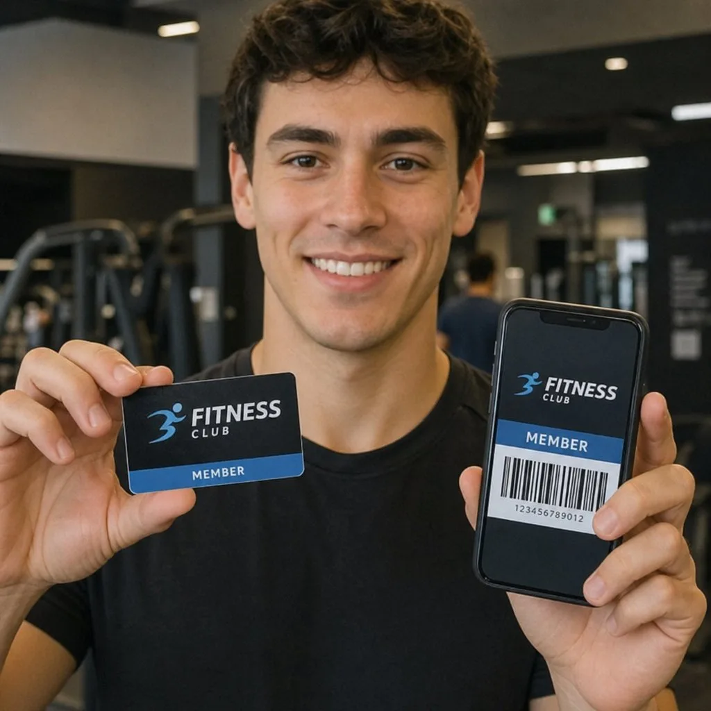 A gym member scanning a digital membership pass at the entrance