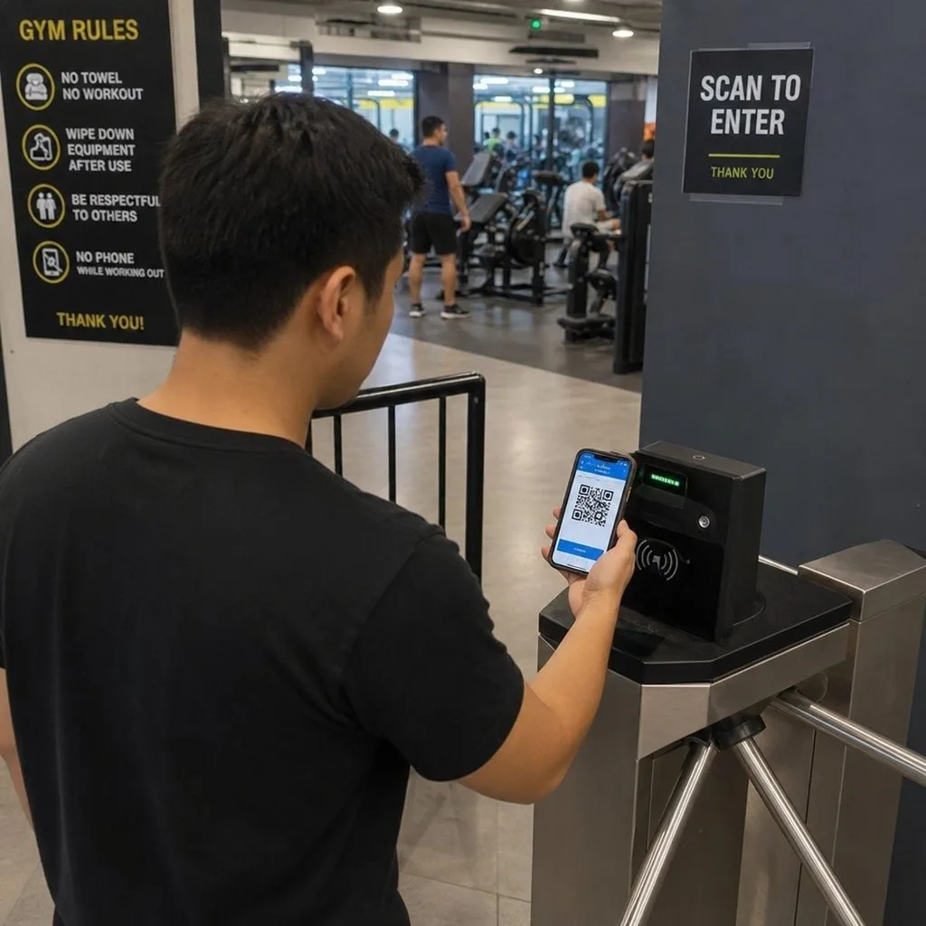 A digital gym membership card with tier and class credits shown on a phone