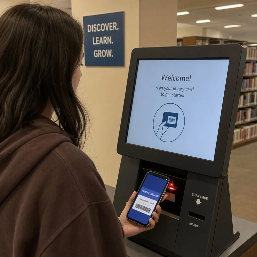 A library patron presenting a digital library card on a phone at the circulation desk
