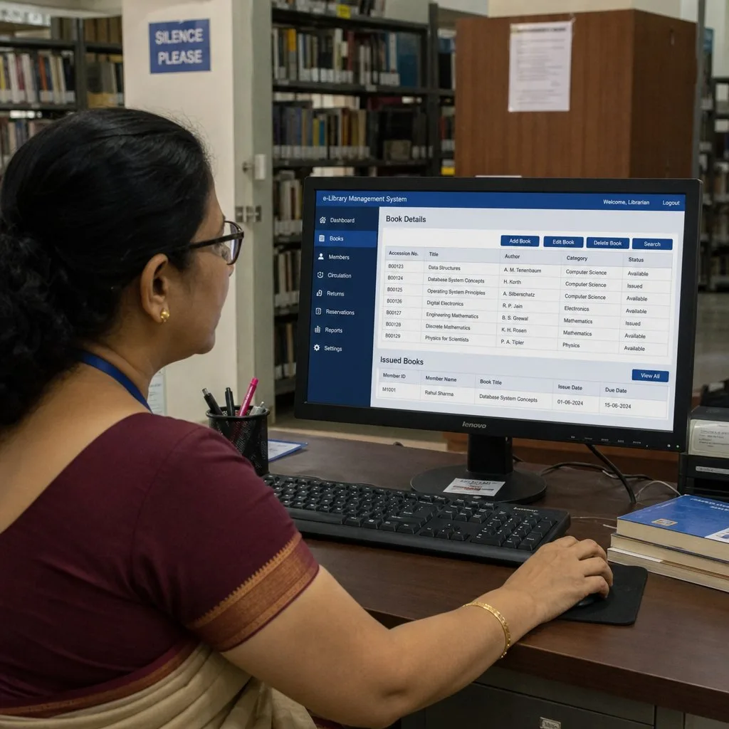 A librarian assisting a patron with a digital membership card