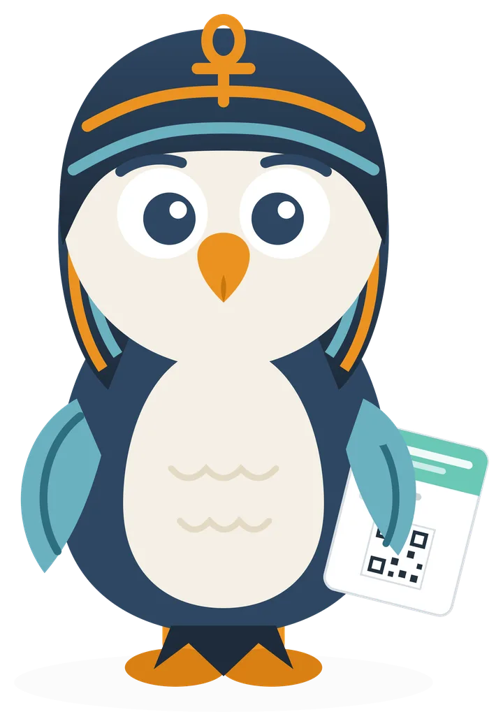 Horus, the Kemicard mascot — a falcon in a pharaonic nemes headdress holding a wallet pass