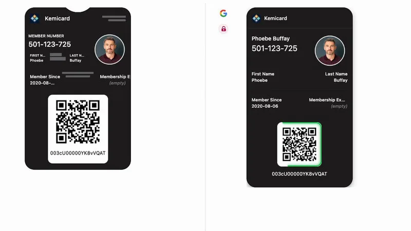 Apple and Google Wallet pass previews showing a member photo and a rotating QR code